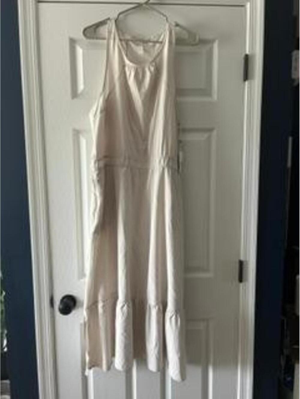 Zella Womens XL Ivory Sleeveless Midi Dress Athleisure Ruffle Hem Drawstring